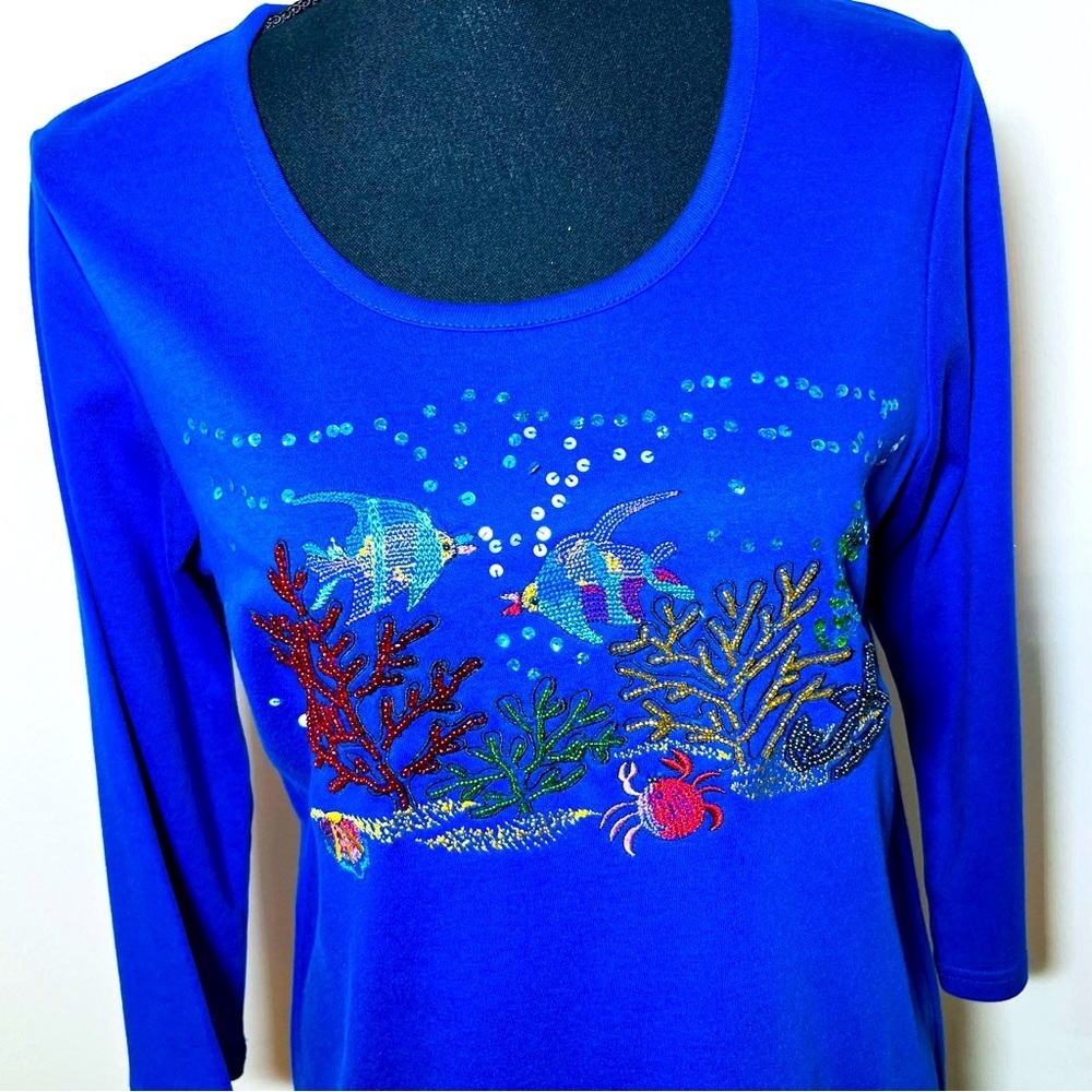 NWT Quacker Factory Women S Sea-Scape Coral Fish Cotton 3/4 Sleeve, Tunic